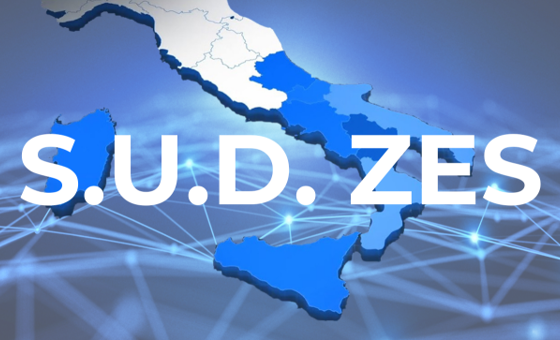 Immagine dell'Italia con il mezzogiorno in evidenza e con la scritta S.U.D. ZES  in sovraimpressione 